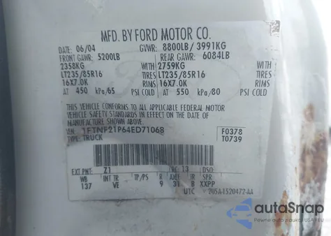 2004 Ford F-250 Xl/Xlt из США, поврежденный, VIN 1FTNF21P64ED71068